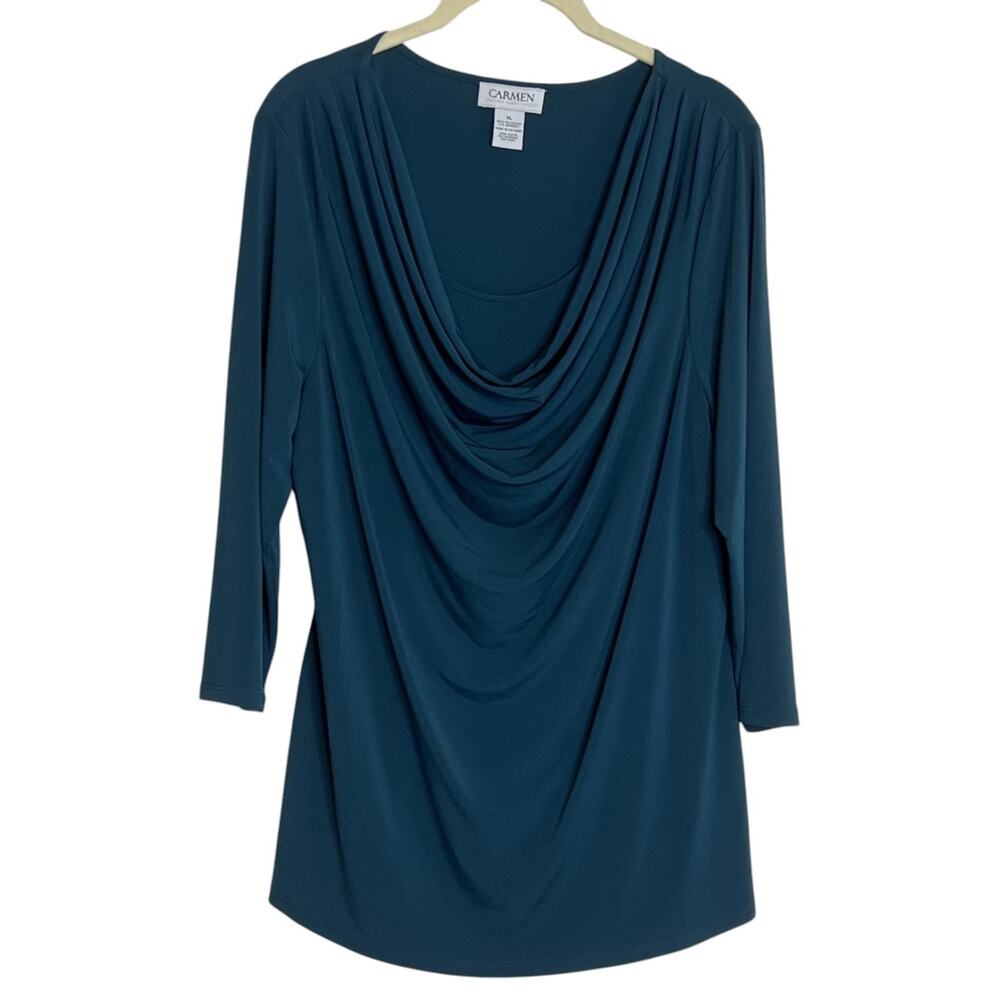 Carmen Marc Valvo Womens Draped Neck Top 3/4 Sleeve XL Dark Teal